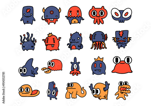 Monster Doodle Characters Element Set 