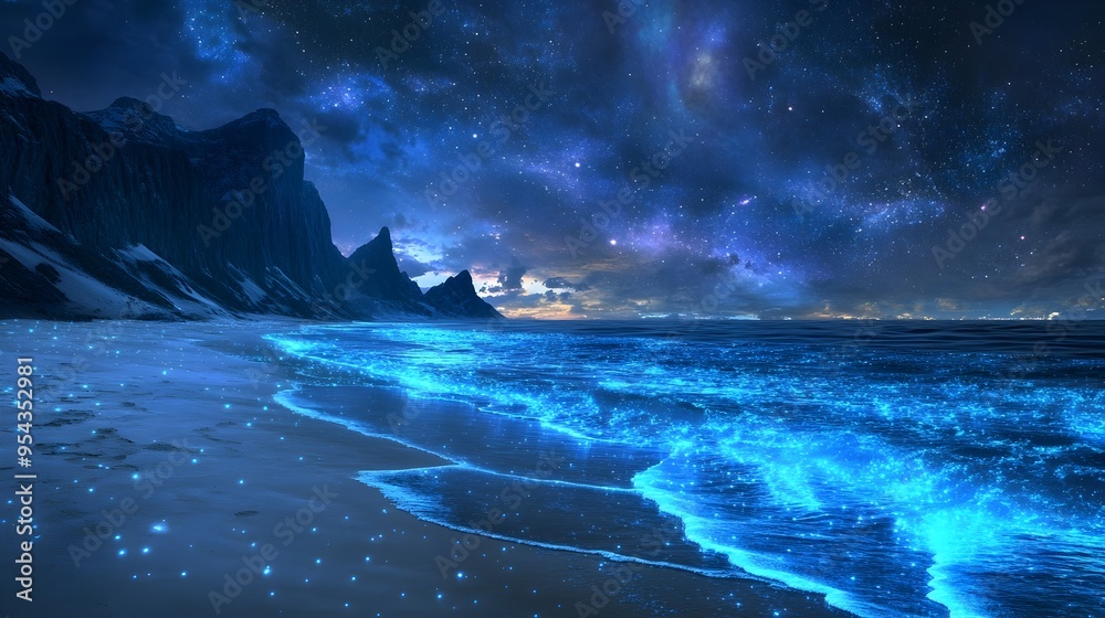 Naklejka premium Glowing sands and bioluminescent waves create a dreamy futuristic scene at a coastal beach in the year 2050 under a sky filled with twinkling stars