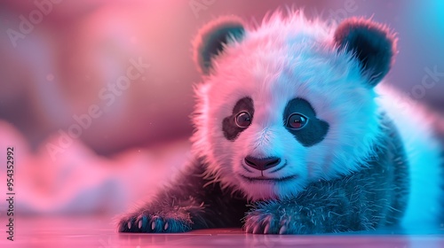 A cute baby panda playing on a pink and blue gradient background