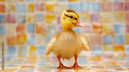 A cute duckling waddling on tiled color background