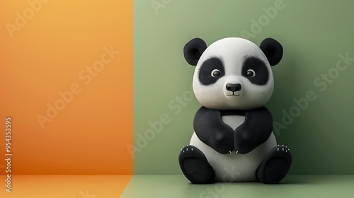 A cute panda bear isolated on a green and orange background