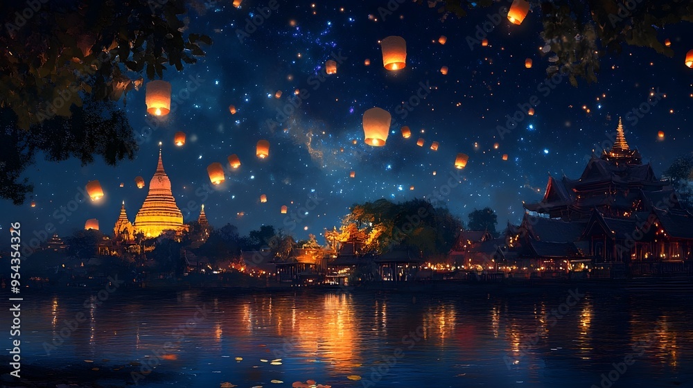 Fototapeta premium Peaceful Night at the Festival of Lights with Glowing Lanterns Floating into the Starry Sky Surrounded by the Soft Glow of Temple Lights