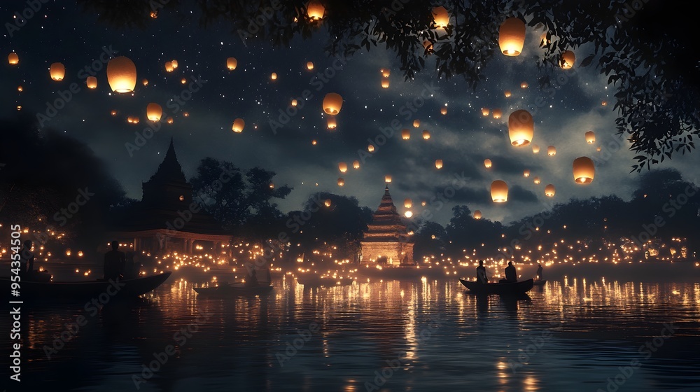 A serene Buddhist ceremony taking place by the river during the Asalha Puja festival featuring floating lanterns and a starry sky that reflects beautifully on the calm water A serene Buddhist ceremony taking place by the river during the Asalha Puja festival featuring floating lanterns and a starry sky that reflects beautifully on the calm water