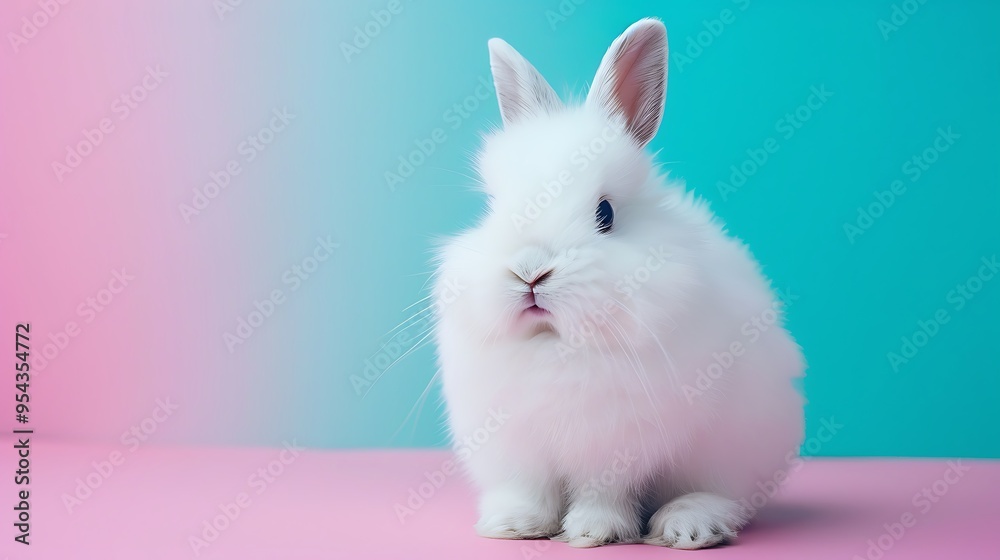 Fototapeta premium A fluffy white bunny on a pink and blue background with a sweet expression