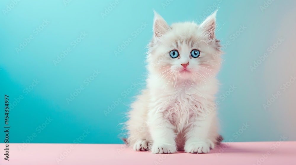 Fototapeta premium A fluffy white kitten with big blue eyes on a pink and blue gradient background