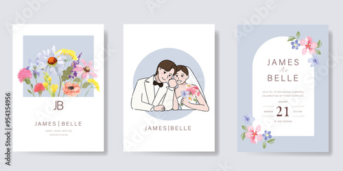 Elegant wedding invitation card background vector. Minimal hand drawn bride and groom in watercolor botanical flowers texture. Design for wedding, vip cover template, rsvp modern card, poster.