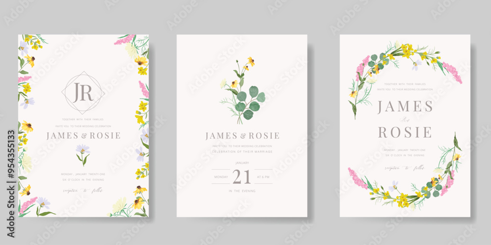 Elegant wedding invitation card background vector. Minimal hand painted watercolor botanical flowers texture template background. Design illustration for wedding, vip cover, poster, rsvp modern card.