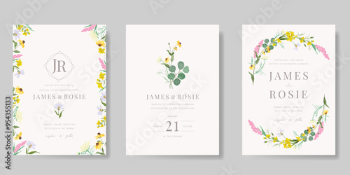 Elegant wedding invitation card background vector. Minimal hand painted watercolor botanical flowers texture template background. Design illustration for wedding, vip cover, poster, rsvp modern card.