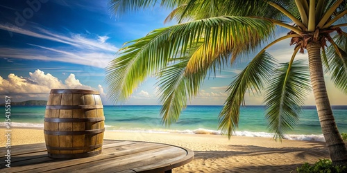 A rustic wooden table with a barrel, palm tree, and ocean in the background on a tropical beach