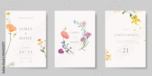 Elegant wedding invitation card background vector. Minimal hand painted watercolor botanical flowers texture template background. Design illustration for wedding, vip cover, poster, rsvp modern card.