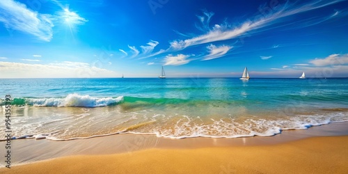 Tranquil beach scene with vibrant blue ocean waves, sandy shore, distant sailboats, and sunny sky