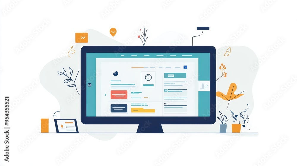 Modern digital workspace illustration featuring a computer screen with user interface elements and a minimalist design. Modern digital workspace illustration featuring a computer screen with user interface elements and a minimalist design.