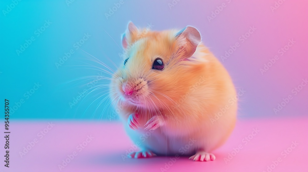 A golden hamster with tiny paws on a pink and blue gradient background A golden hamster with tiny paws on a pink and blue gradient background