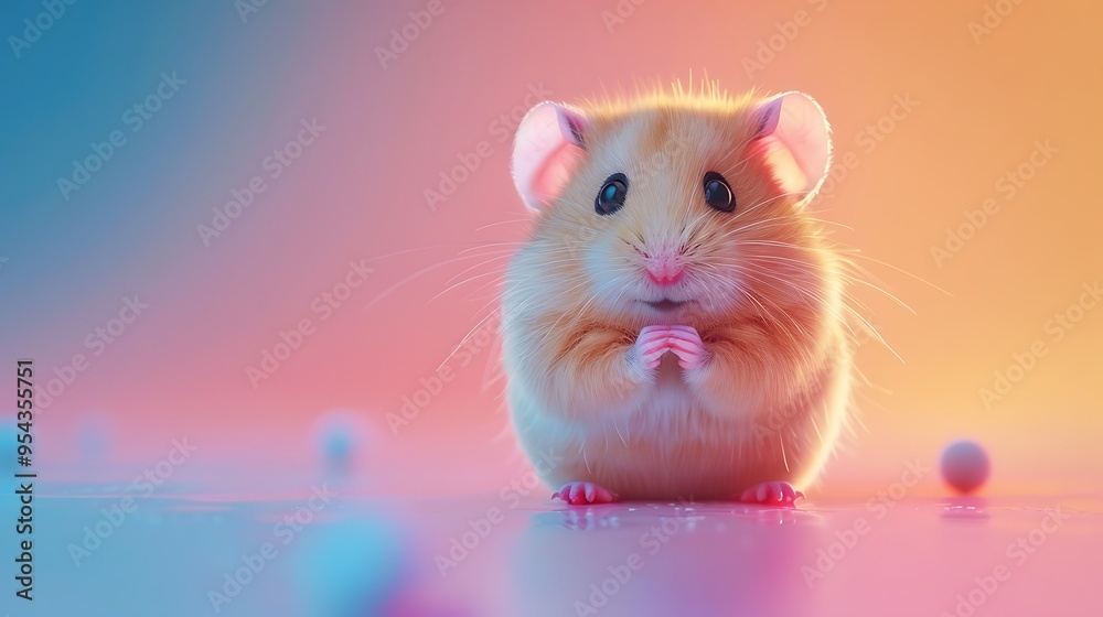 A golden hamster with tiny paws on a pink and blue gradient background A golden hamster with tiny paws on a pink and blue gradient background