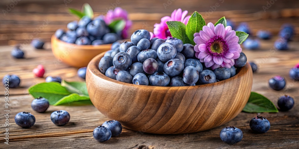 Wooden bowl filled with blueberries and a purple flower on a table with more blueberries and flowers Wooden bowl filled with blueberries and a purple flower on a table with more blueberries and flowers