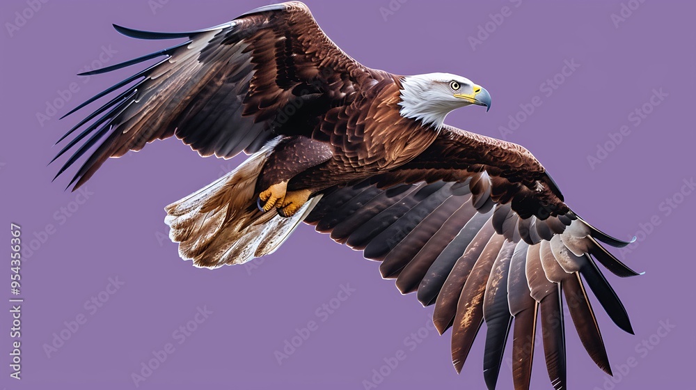 Fototapeta premium A majestic eagle in flight isolated on purple background