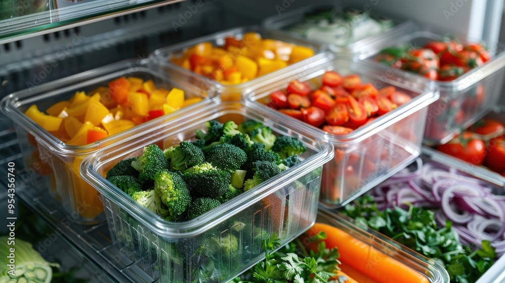 Open fridge showcasing healthy meal prep containers and fresh cut vegetables, ideal for promoting clean eating and meal planning.. Open fridge showcasing healthy meal prep containers and fresh cut vegetables, ideal for promoting clean eating and meal planning..