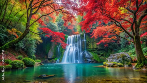 Tranquil waterfall in lush forest surrounded by vibrant greenery and a single tree with bright red leaves