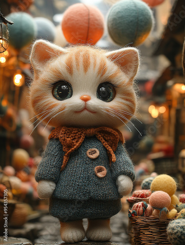 A cute, cartoon-style cat wearing a blue knitted sweater with a brown bowtie standing in a charming, cobblestone alleyway. The cat is looking straight at the camera with large, innocent eyes.  