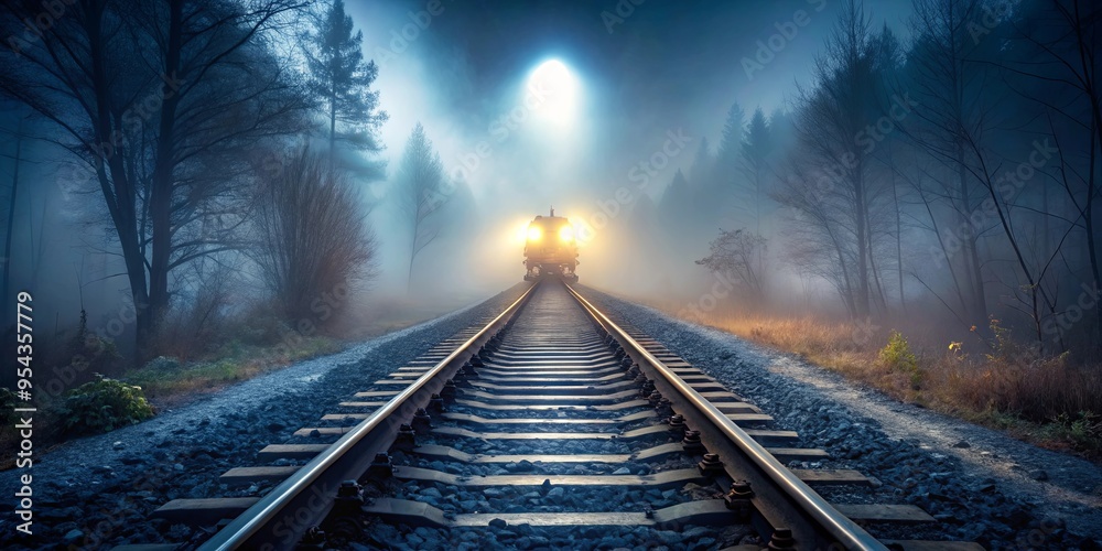 Fototapeta premium Eerie abandoned railroad tracks fading into fog with glowing locomotive headlights in the darkness