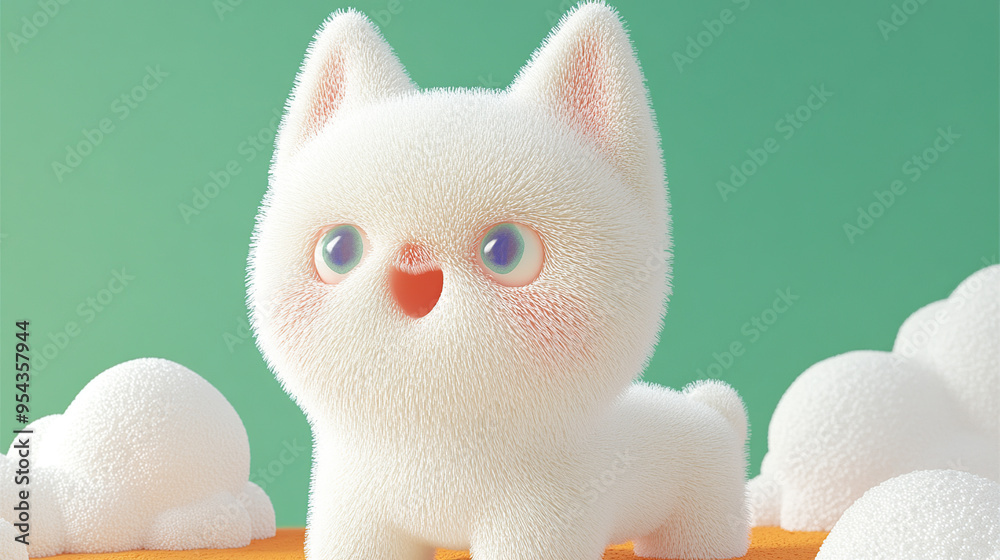 A cute, fluffy, white kitten with big blue eyes and a pink nose stands on a cloud-like platform against a green background. A cute, fluffy, white kitten with big blue eyes and a pink nose stands on a cloud-like platform against a green background.