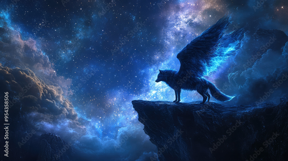 A striking creature with the body of a wolf and the wings of an angel, perched on a cliff, gazing out over a surreal, star-filled sky. A striking creature with the body of a wolf and the wings of an angel, perched on a cliff, gazing out over a surreal, star-filled sky.
