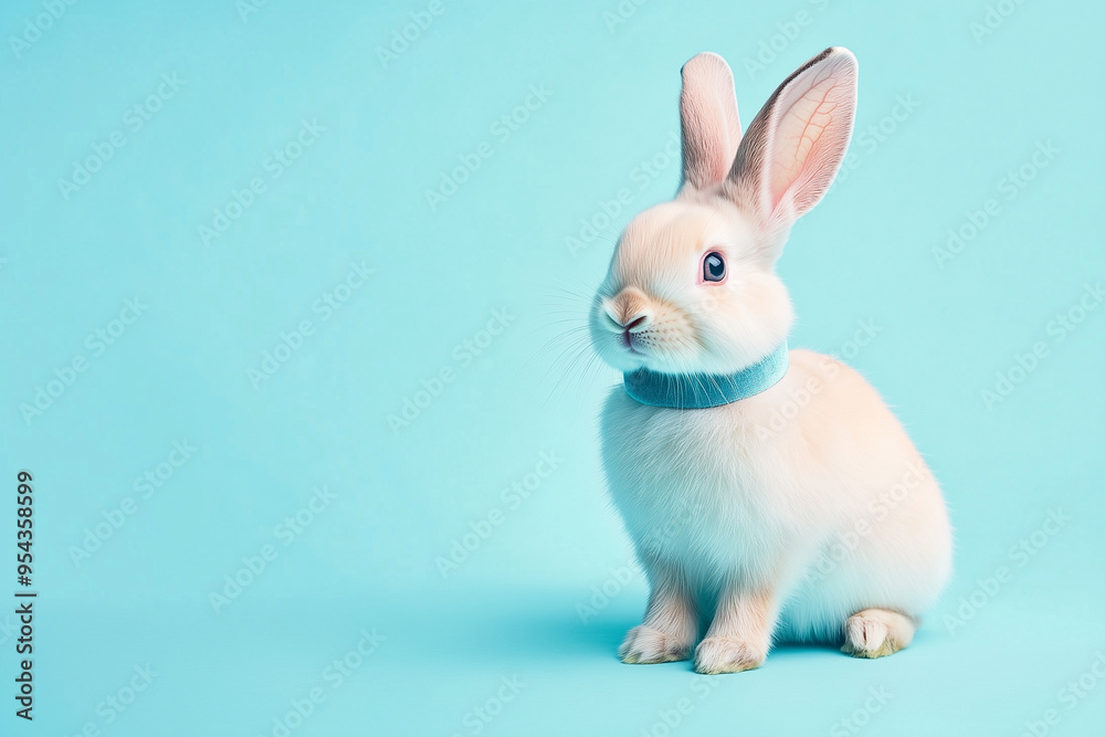Soft Elegance: A Fluffy Rabbit Adorned with a Velvet Collar on a Pastel Background Soft Elegance: A Fluffy Rabbit Adorned with a Velvet Collar on a Pastel Background