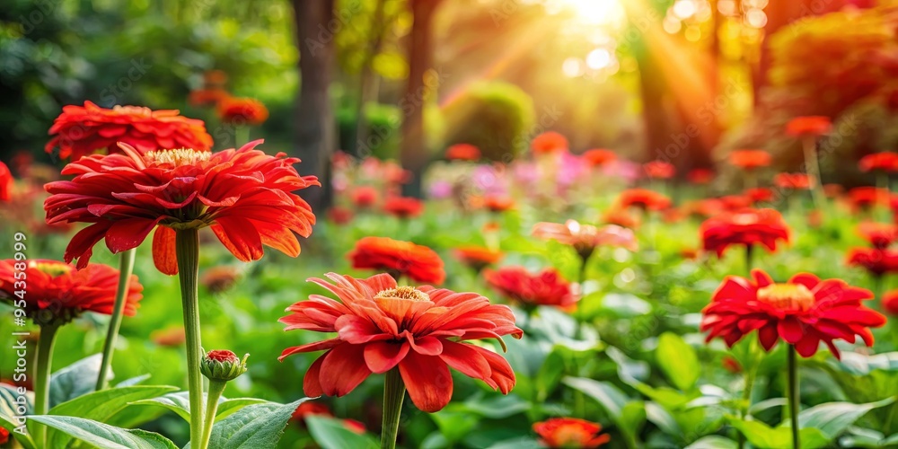 Vibrant red flowers blooming in a serene botanical garden amidst lush greenery on a sunny afternoon Vibrant red flowers blooming in a serene botanical garden amidst lush greenery on a sunny afternoon