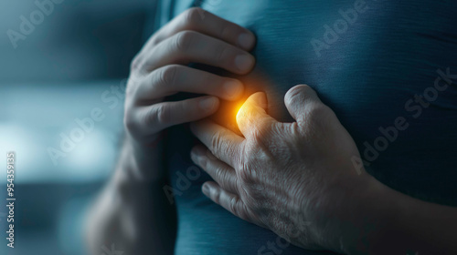 Close-up of hands pressing against a chest, symbolizing heart pain or stress, with a glowing spot emphasizing discomfort, in a medical or emotional context.