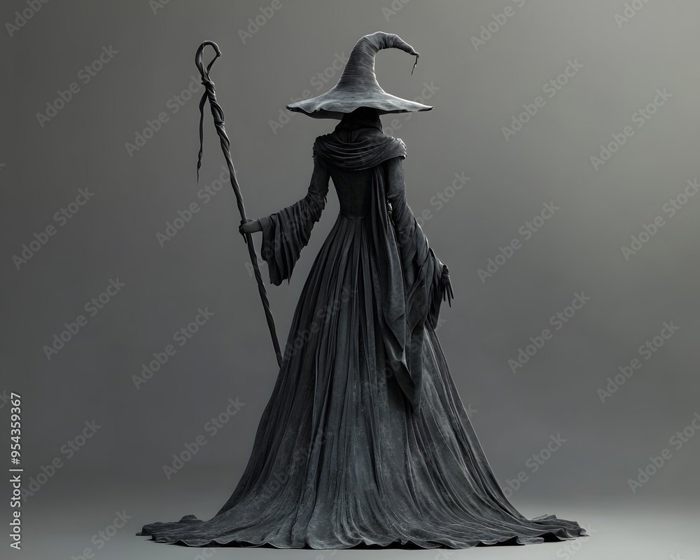 Mysterious dark robed figure holding a staff, wearing a pointed hat. Fantasy wizard or mage illustration. Mysterious dark robed figure holding a staff, wearing a pointed hat. Fantasy wizard or mage illustration.