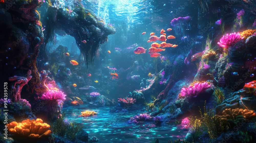 A vibrant underwater fantasy world with glowing coral reefs and colorful, mystical creatures. A vibrant underwater fantasy world with glowing coral reefs and colorful, mystical creatures.