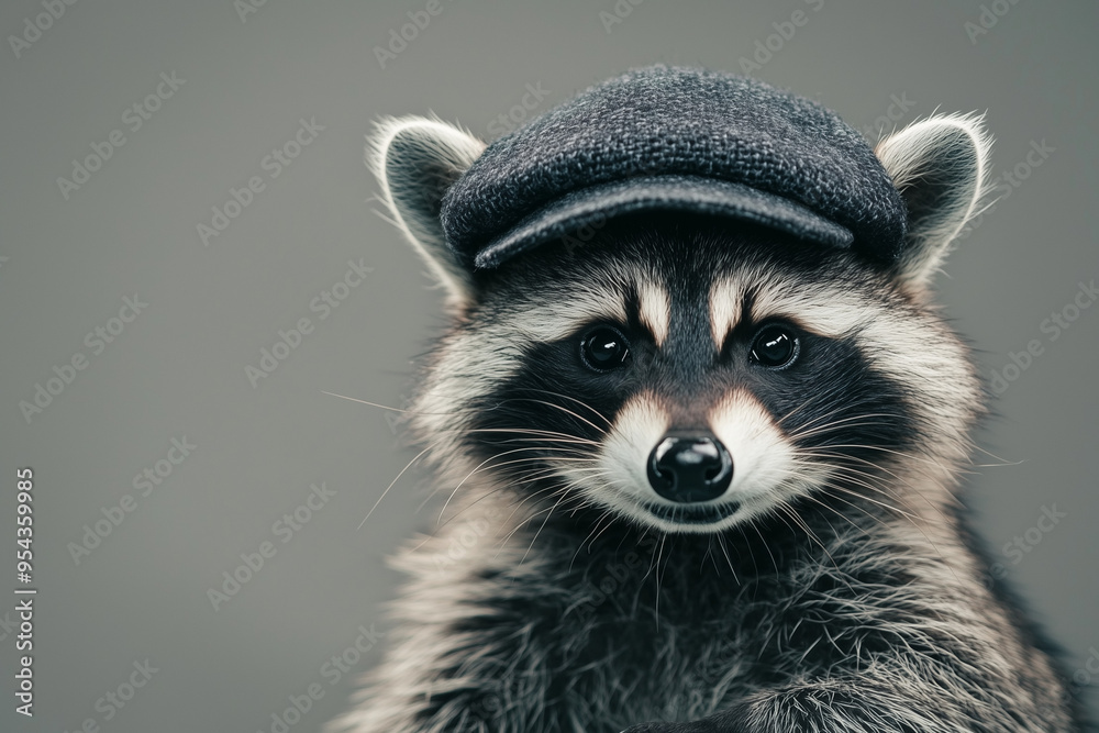 Obraz premium Mystery Unleashed: A Bold Raccoon with a Detective Cap on a Mysterious Backdrop