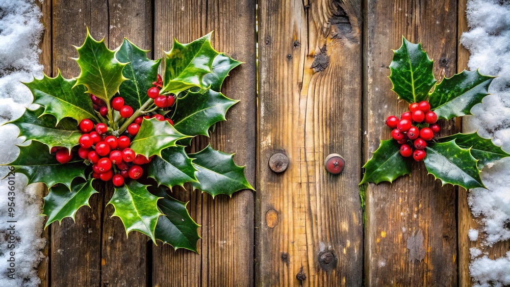 Vibrant holly leaves and red berries on rustic wooden door in snowy village setting Vibrant holly leaves and red berries on rustic wooden door in snowy village setting