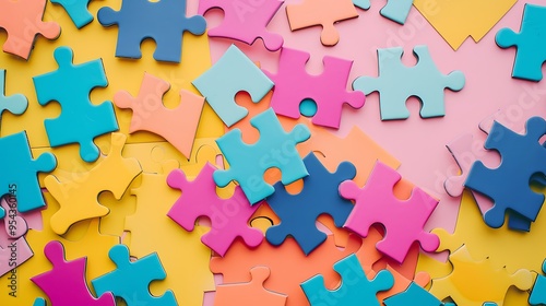 Colorful toy puzzle pieces scattered isolated on colorful background