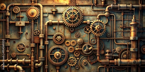 Intricate steampunk machinery with gears and pipes in vintage industrial engineering texture