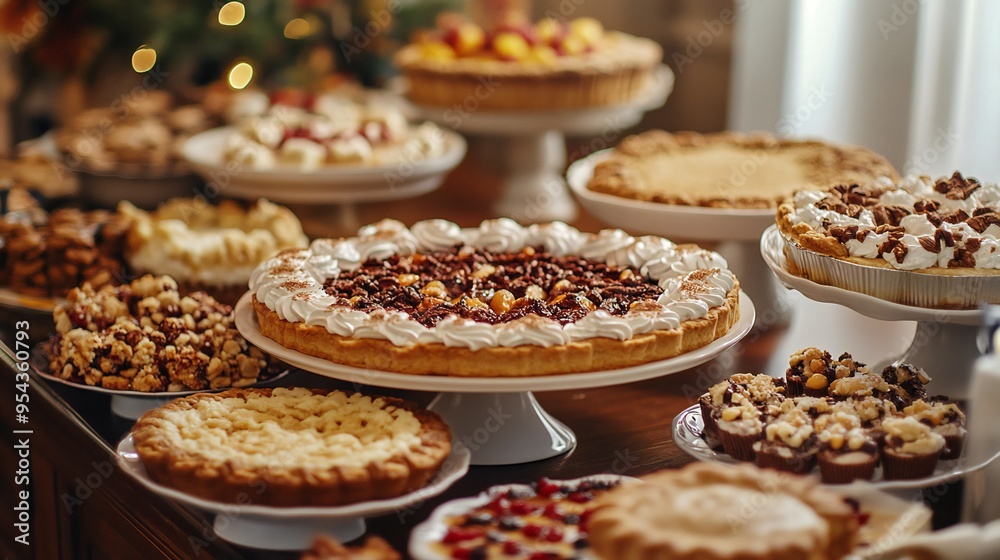 A dessert table filled with various pies, cakes, and cookies, all with a Thanksgiving theme, in a cozy kitchen. A dessert table filled with various pies, cakes, and cookies, all with a Thanksgiving theme, in a cozy kitchen.