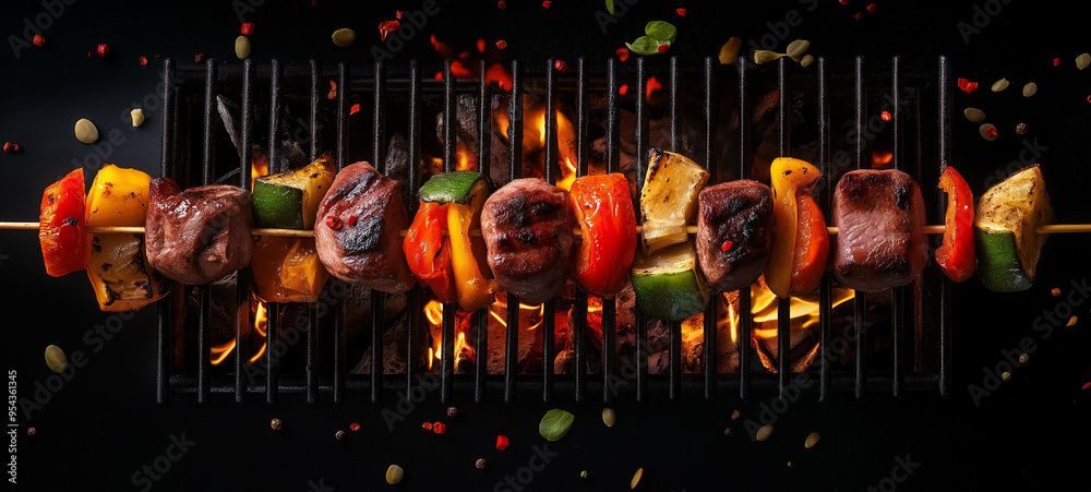 Naklejka premium Meat skewer with vegetables on a fire background