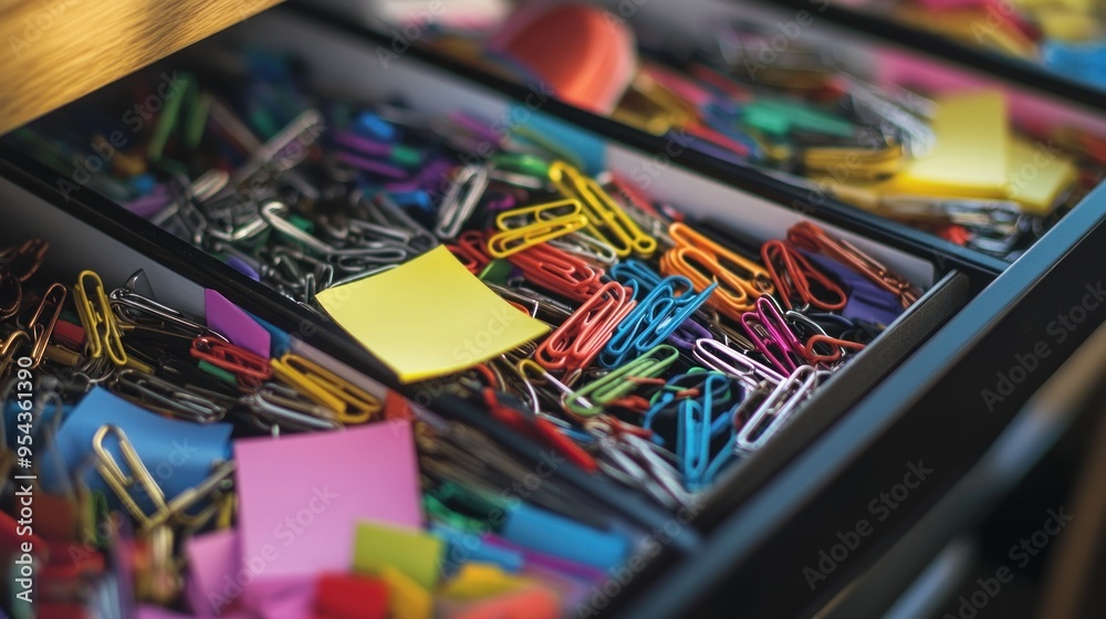 A Drawer Full of Colorful Paperclips and Sticky Notes A Drawer Full of Colorful Paperclips and Sticky Notes