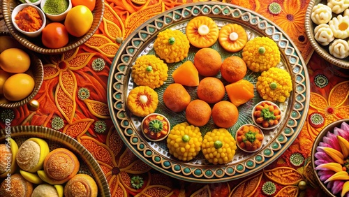 Vibrant orange and yellow hues of traditional Indian sweet dishes, mansa, adorn a decorative platter, surrounded by photo