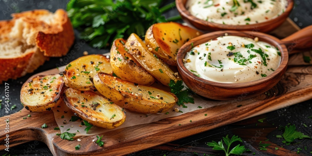 Potatoes with Aioli Garlic Sauce Parsley and Toasted Bread on Cutting Board