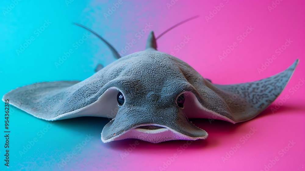 Fototapeta premium Plush stingray toy on cyan and magenta background