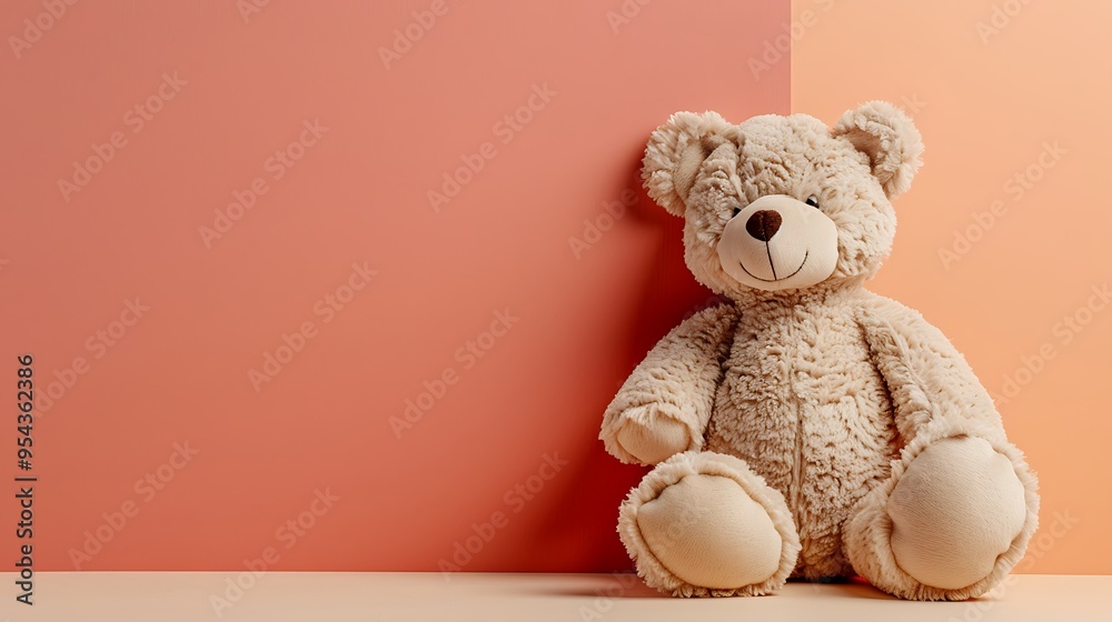 Plush teddy bear isolated on amber and peach background Plush teddy bear isolated on amber and peach background