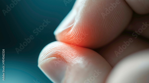 Extreme close-up of skin pinched between two fingers, focusing on the intricate details of the skin texture and fingerprints, creating a highly detailed and intimate view. photo