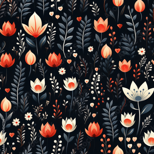 Wallpaper Mural A seamless pattern featuring a dark background with stylized orange, white, and blue flowers and leaves. Torontodigital.ca
