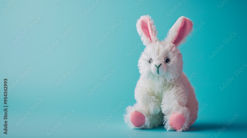 Fototapeta premium Soft bunny rabbit toy on cyan and magenta background