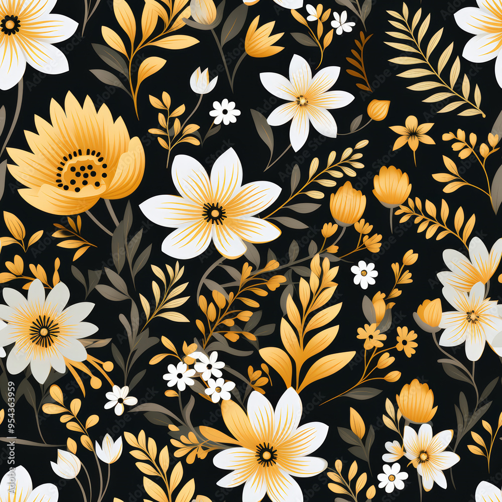 A seamless pattern with white and yellow flowers on a black background. A seamless pattern with white and yellow flowers on a black background.
