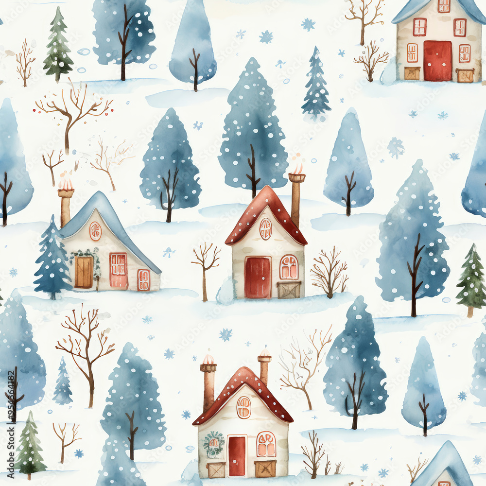 Fototapeta premium A seamless watercolor pattern featuring charming winter houses with red doors, snowy trees, and falling snowflakes against a white background.