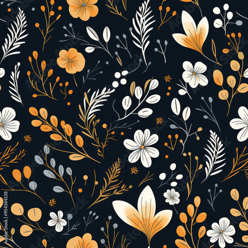 Seamless floral pattern with white and orange flowers on dark background.