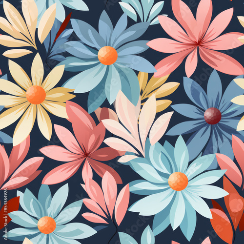 Seamless pattern of stylized flowers with soft pastel colors on a dark blue background.