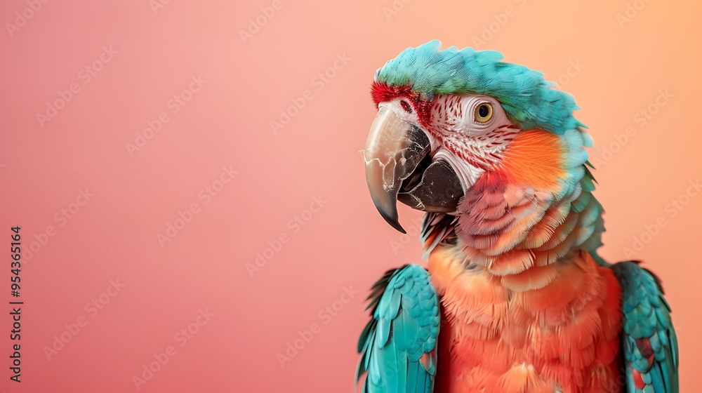 Fototapeta premium Stuffed parrot isolated on amber and peach background